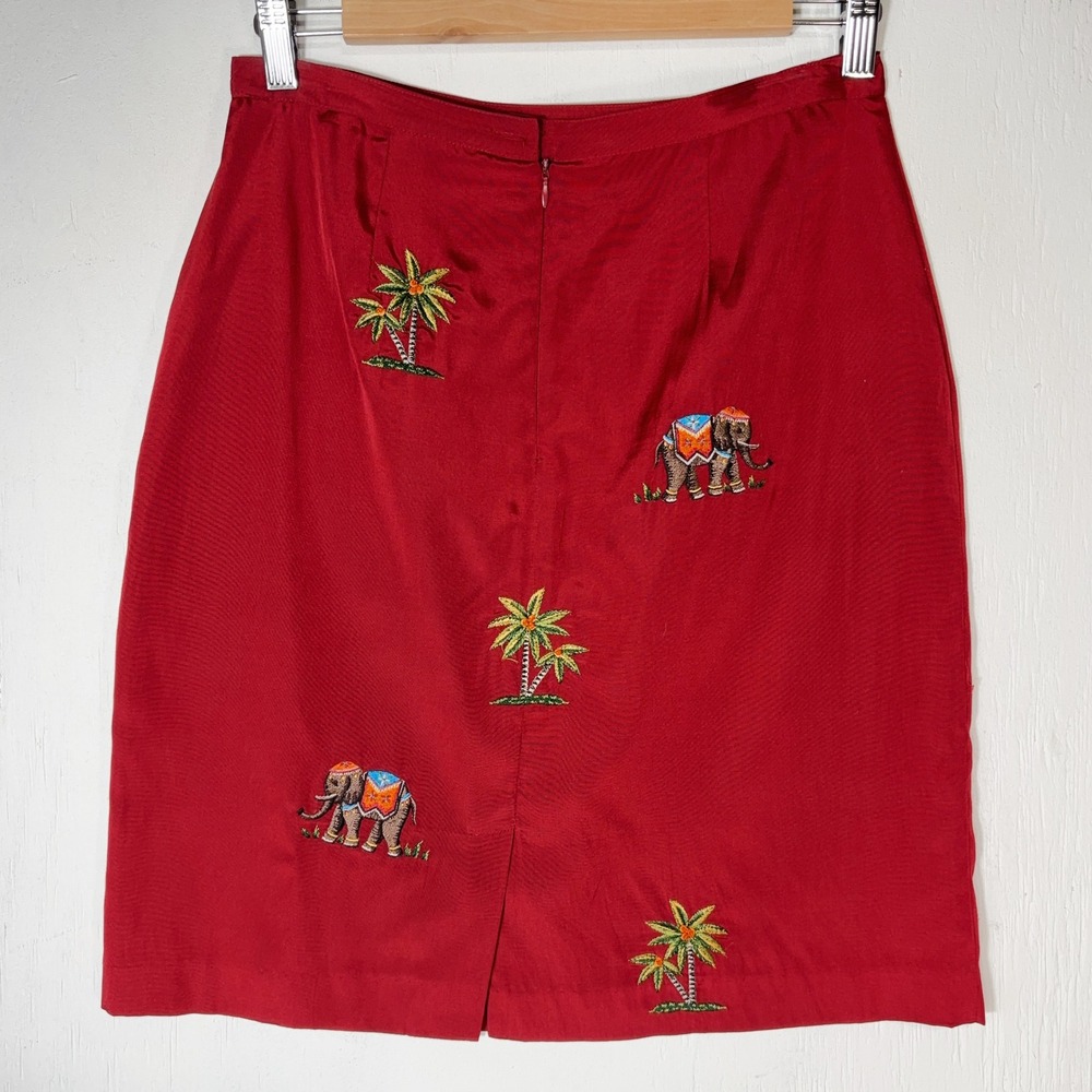 VTG Silkland Embroidered Elephant Palm Tree Silk Skirt Womens 8P Boho